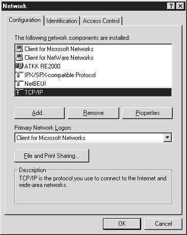 2. Double-click the Network icon. Check if the following necessary components are in the list of installed network components on the Configuration menu.