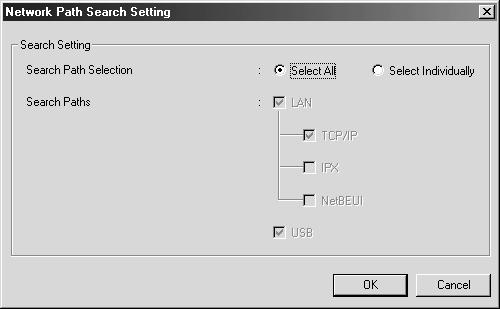 Search method You can select the connections and protocols to search for a print server. You can select from the following: LAN connection using TCP/IP, IPX, and NetBEUI protocols, or USB connection.