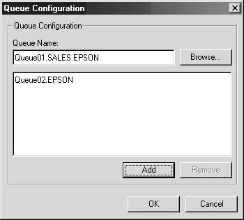 Print Queue Configuration dialog box When you click the Print Queue Configuration button on the Print server menu, the following dialog box appears.