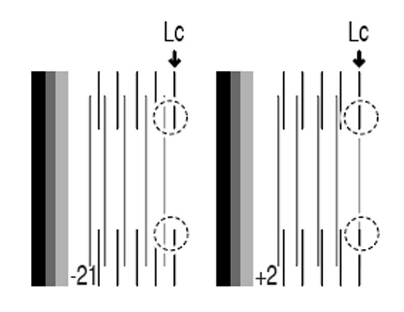 10 In the Printhead to Printhead pattern, identify the value where the vertical black line and the color printhead lines are perfectly aligned. In the image below, the correct value for Lc is +2.