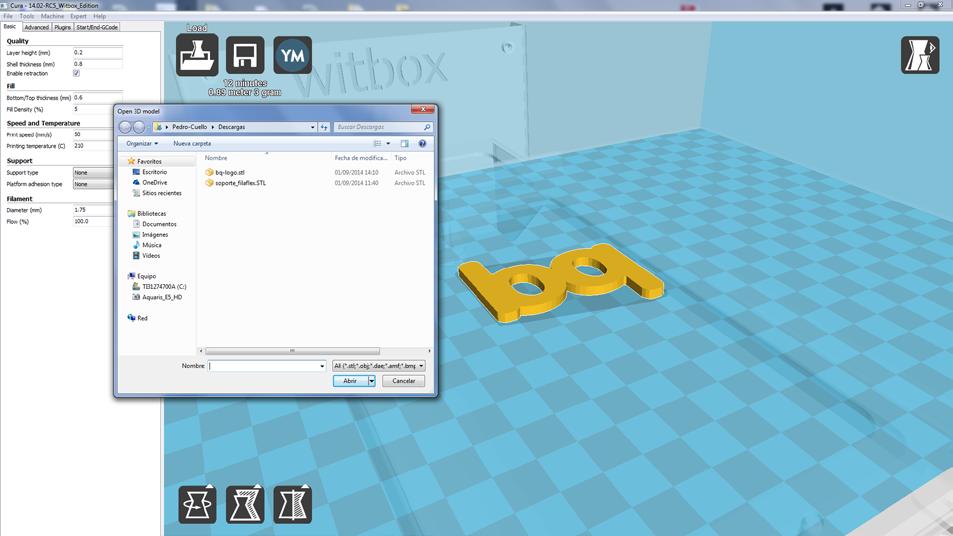 Printing an object Loading the object To print a 3D object you must first separate it into layers. Cura allows you to convert a 3D file into a layered.gcode file.