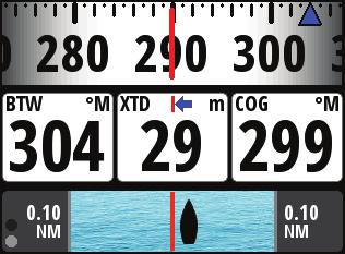 Steering 1. Compass graphic (Heading) 2. Heading 3. Bearing to waypoint (BTW) 4. Refresh indicator 5. Off track limit 6. Track 7. Boat position from track 8. Cross track distance graphic 9.