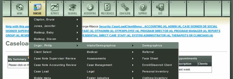 Next, click the FAMCare button from your main menu, and you should see your client listed in the