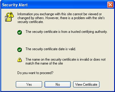 Figure 7 Security Alert dialog box (click Yes) Use the default super administrator account administrator to log in to the SSL VPN system with the local authentication