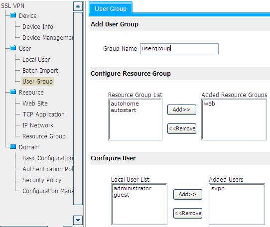 Add svpn to the user group. Assign resource group Web to user group usergroup.