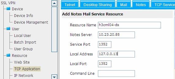 Figure 27 Add a notes mail service resource After you create the resource successfully, the Notes mail service resource list page appears again.
