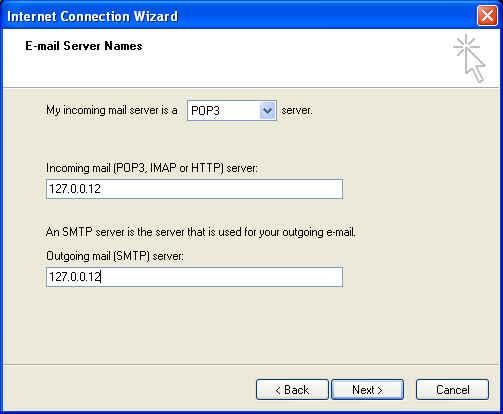 5) To use TCP application resource POP3 or SMTP, you need to configure the right POP3 and SMTP server addresses (the local host names of the resources) on the Outlook client configuration interface.