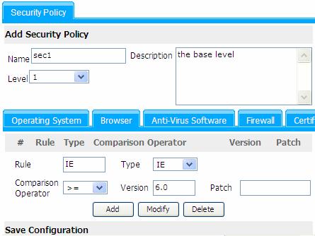 Figure 58 Configure a browser rule Add another policy: 1) Add a security policy named sec10, select