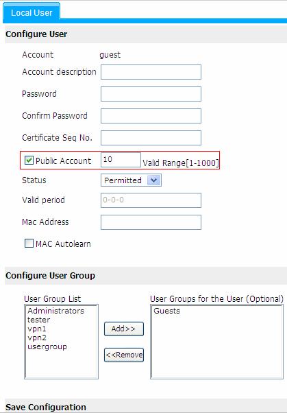 Configuration procedure 1) Log in as the administrator, select User > Local User from the navigation tree to enter the local user list page.
