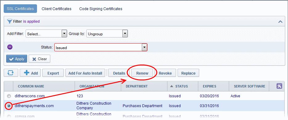 3.1.2.5.1 Certificate Renewal by Administrators The SSL Certificates interface allows administrators to renew both managed certificates and unmanaged certificates.