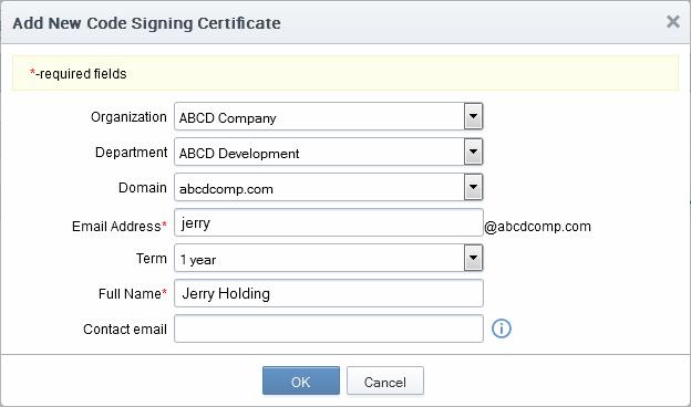 Add New Code Signing Certificate dialog - Table of parameters Field Type Description Organization Drop-down Select the Organization to which the applicant belongs.