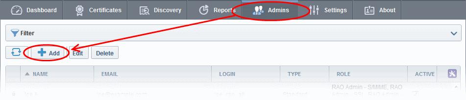 4.2.2 Example: Adding a New Administrator with Multiple Security Roles 1. Click the 'Admin Management' tab at the top left of the Certificate Manager interface. 2.