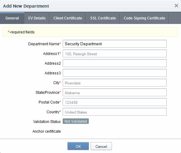 General Tab: 'General' settings allows the RAO administrator to configure high level details relating to the new Department if the parent Organization has not been validated.
