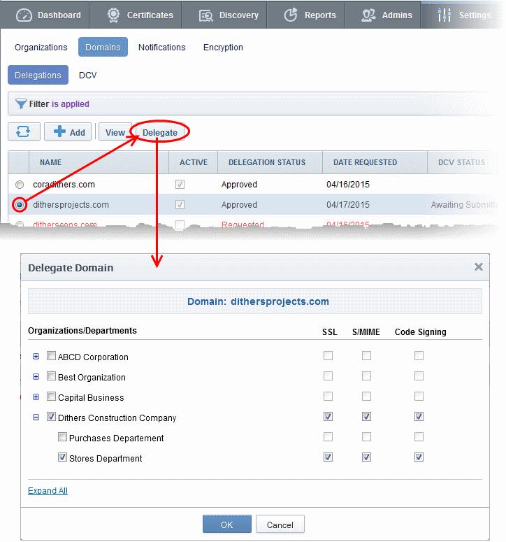 Also the administrator can validate the domain before delegating/re-delegating it specific Organization/Department by clicking the 'Validate' link.
