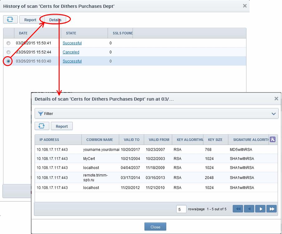 Click the 'Report' button to download all the reports for the discovered certificates, which is in the form.csv file.