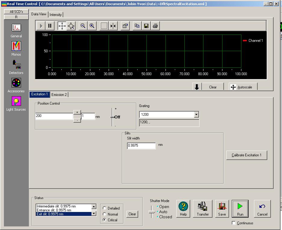 3. The RTC window opens. Click the Monos icon in the left column. 4. Enter the current observed position of the peak in the position control field. 5. Click the calibrate excitation 1 button.