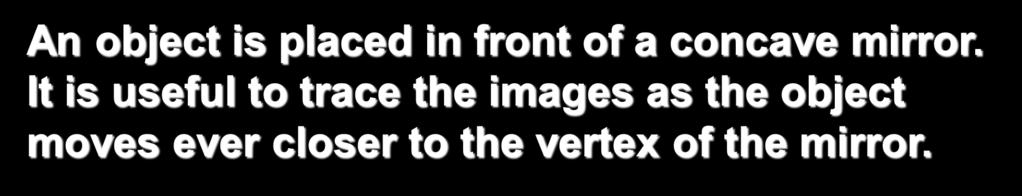 The Nature of Images An object is placed in front of a concave mirror. It is useful to trace the images as the object moves ever closer to the vertex of the mirror.