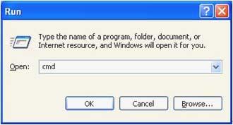 Find the IP address of the local computer. Go to Start menu, select Run. Type in cmd and click OK.