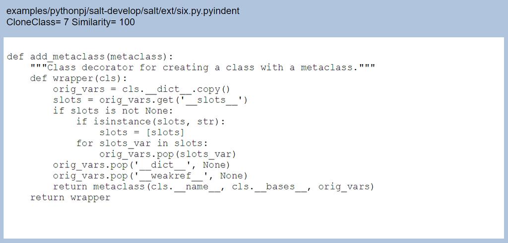 6.2. PATTERNS IN PYTHON PROJECTS 106 (d) Decorator Pattern (ID:2) - Clone Class 4 of 4 Figure 6.