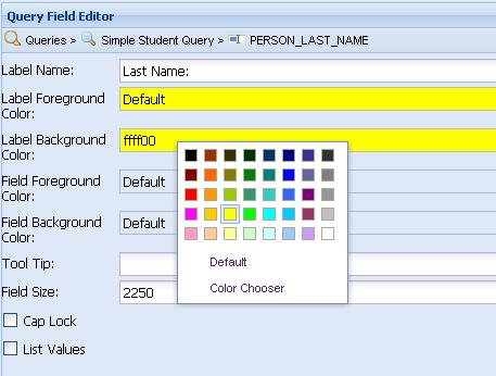 Figure 43: Color Pallet for the Last Name Query Field 4. In the Field Size field, type the size, in pixels, of the Last Name field. In this example, type 5000. 5. Click Save to save your changes. 6.