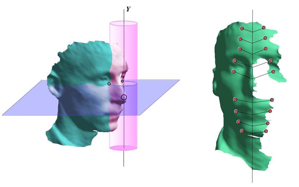 Three-Dimensional Face Recognition the y-coordinate of the horizontal plane, we produce a set of intersection point pairs on the facial surface (Figure 5-9, right).