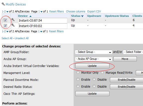 Figure 7 Select the VCs to update 2. Click the Update button next to the Aruba Instant Virtual Controller Variables field. The opens the Variable Edit page.