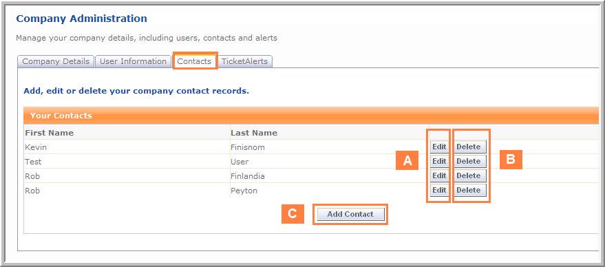4 / 5 6. Company Admin Add, edit or delete contacts - Select the Contacts tab. - If you want to edit an existing contact, click the Edit button associated with the contact (A).