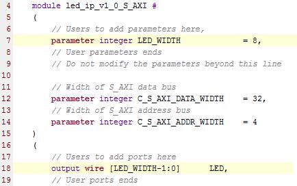 Add the LED parameter and port to this file too, at lines 7 and 18 Figure 7. Declaring users port in the lower-level module for the Zybo 1-3-9.