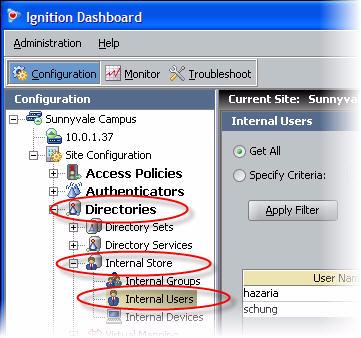 -39- Ignition Server typically authenticates users against your corporate user store (for example an Active Directory or LDAP store), but the Ignition Server appliance also contains a local store,