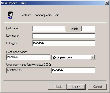 In the New Object - User window, create the Ignition Server service account.