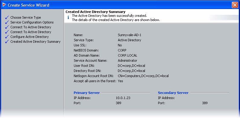 -53- In the Settings section, type a Name for this directory service. For this example, call it Sunnyvale-AD-1. In the Joined Domain As section, the settings are already populated by the wizard.