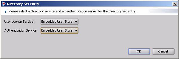 In the Directory Set Entry window, specify the directory that will provide user account data and group memberships (User Lookup Service) and the directory that will authenticate users (Authentication