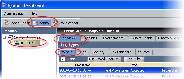 To do this: In Dashboard, click Monitor, click the IP address of your Ignition Server, click the Log Viewer tab, and click
