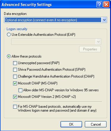 Step 2) Select Optional encryption from the dropdown menu, then click the Allow these protocols radio button and make sure that ONLY the Microsoft CHAP Version 2 is selected to ensure the highest