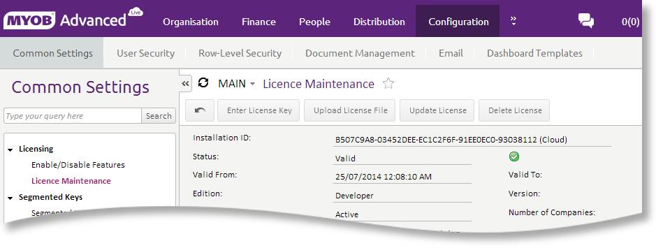 Licencing MYOB Advanced MYOB Advanced is licensed by site and by named user. The activation of a site licence is managed through the Configuration > Common Settings > Licence Maintenance form (SM.20.