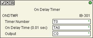 hapter : Intelligent ox (Iox) - iscrete Helper S HPP On elay Timer (ONTMR) (I-) On elay Timer will delay the "turning on" of the Output parameter by the specified amount of time (in hundredths of a