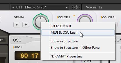 Controlling REAKTOR Connection Manager 1. Right-click on the Panel control you want to connect the MIDI control to. 2. Select MIDI & OSC Learn to enable the MIDI learn function. 3.