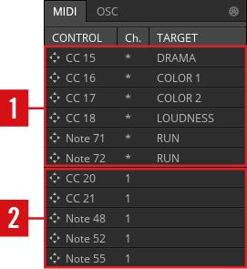Controlling REAKTOR Connection Manager MIDI messages in the Connection Manager (1) Current: The current connections appear at the top of the list.
