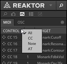 Controlling REAKTOR Connection Manager To filter the list of controller messages by data type, right-click on the Control column's header and select one of the available