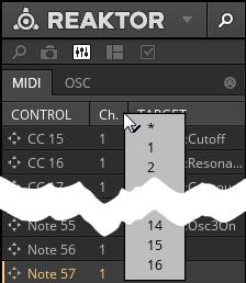 To filter the list of controller messages by MIDI channel, right-click on the Ch (Channel) column's header and select the MIDI channel from the context menu.
