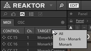 Controlling REAKTOR MIDI Clock To filter the list of controller messages by Ensemble or Instrument, right-click on the Target column's header and select the Ensemble or Instrument from the context