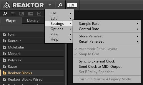 Controlling REAKTOR Synchronization using Ableton Link The MIDI clock settings (1) Sync to External Clock: When enabled, all Sync Clock and 1/96 Clock modules synchronize to MIDI clock received on