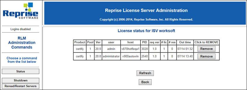 The User column displays which users are logged into Certify. 5 After you have viewed the license status, close the Reprise License Manager.