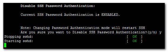 To disable SSH Password Authentication: 1. Select option 4, and then press Enter. Figure 10-70: Disable SSH Password Authentication 2. Type y, and then press Enter.