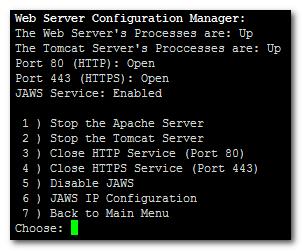 IOM Manual 10. EMS Server Manager Figure 10-130: Web Server Configuration Sub-menu To start/stop the Apache server: In the Web Server configuration menu, choose option 1, and then press Enter.