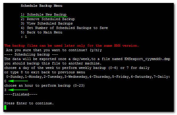 Element Management System Server 10.4.7.1 Schedule New Backup You can schedule the backup according to the desired weekday and hour.