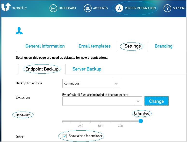 Vendor Settings In Bandwidth you can choose maximum bandwidth that is allowed for the backup service.