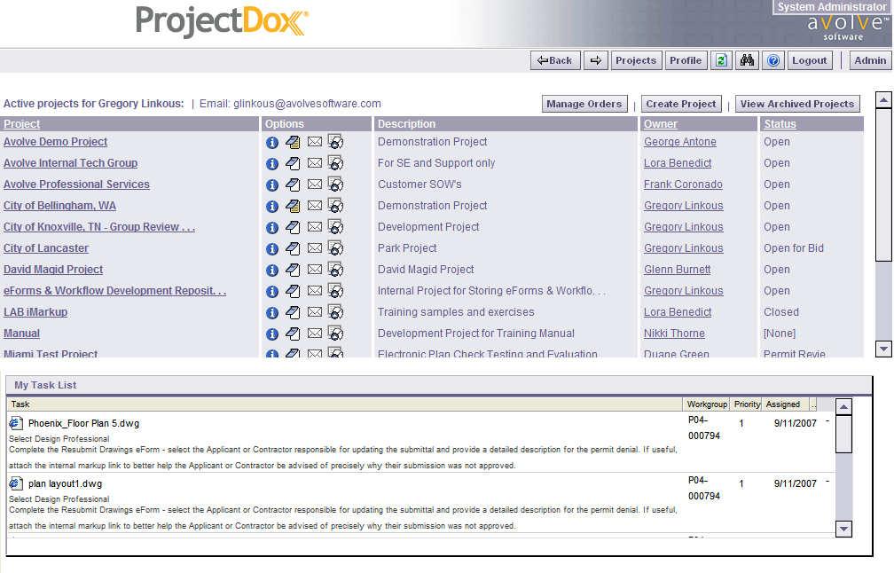 In this screen you can access project files, view project information, view topics and notes associated with a project, send Team Mail to other members of the project, view the project status and