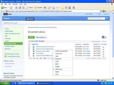 Lotus Quickr Includes Complete Library Services to Store and Share Documents Viewers for Office files included* Use New Page to create Binders for multiple files* Options include Notifications and