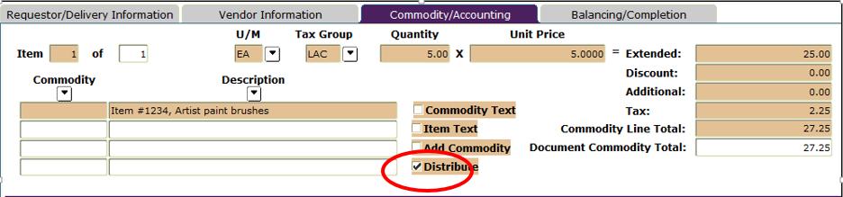 To manually distribute changes in the $ amounts for commodities, uncheck the Distribute option by clicking on the Distribute checkbox.